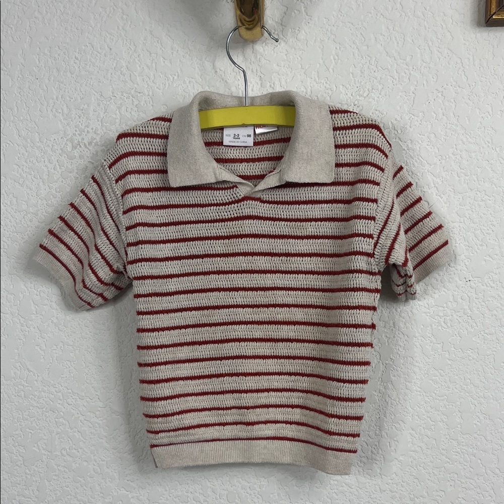 Zara Short SleeveStriped Crochet Knit Polo in Cream with Red Stripes Boys